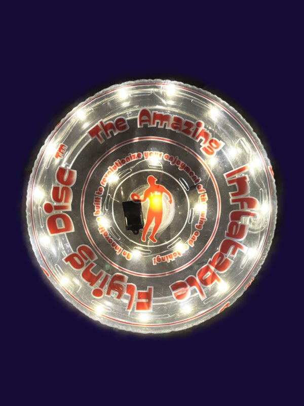 Amber Glow - 12-in inflatable flying disc with red and white printing and warm white LED Amber Glow - 12-inch warm white LED flying disc for calm, skill-focused activities