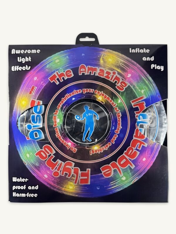 Retail packaging for single 12-inch LED flying disc with blue and white printing