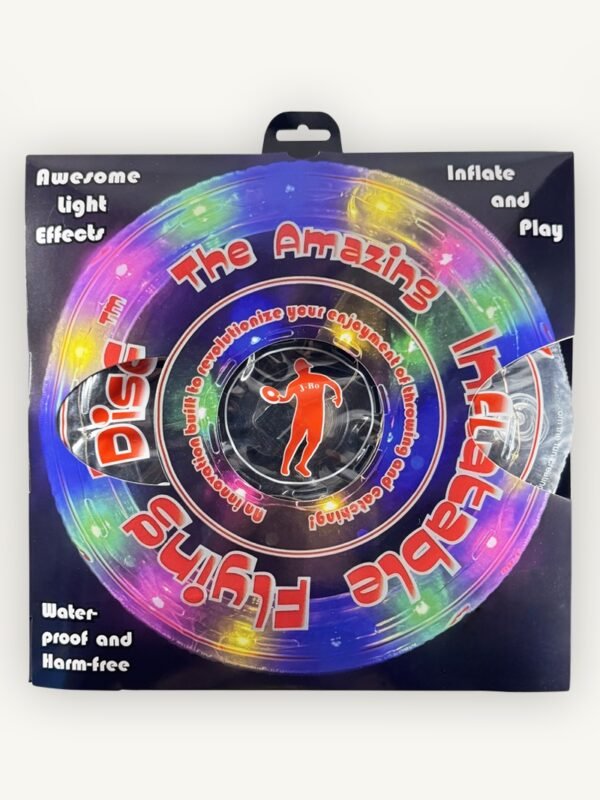 Retail packaging for single 12-inch LED flying disc with red and white printing